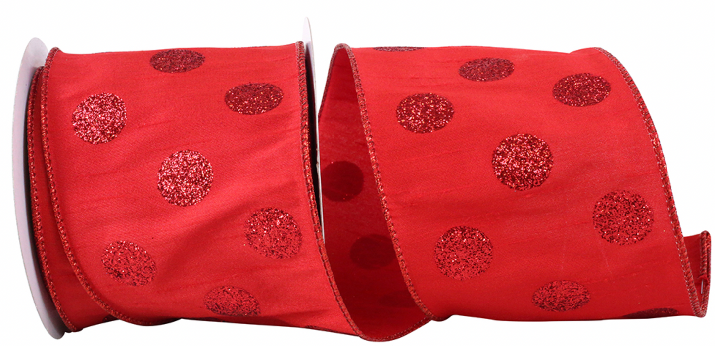 Red Glitter Dots Dupioni Wired- 4 inch width