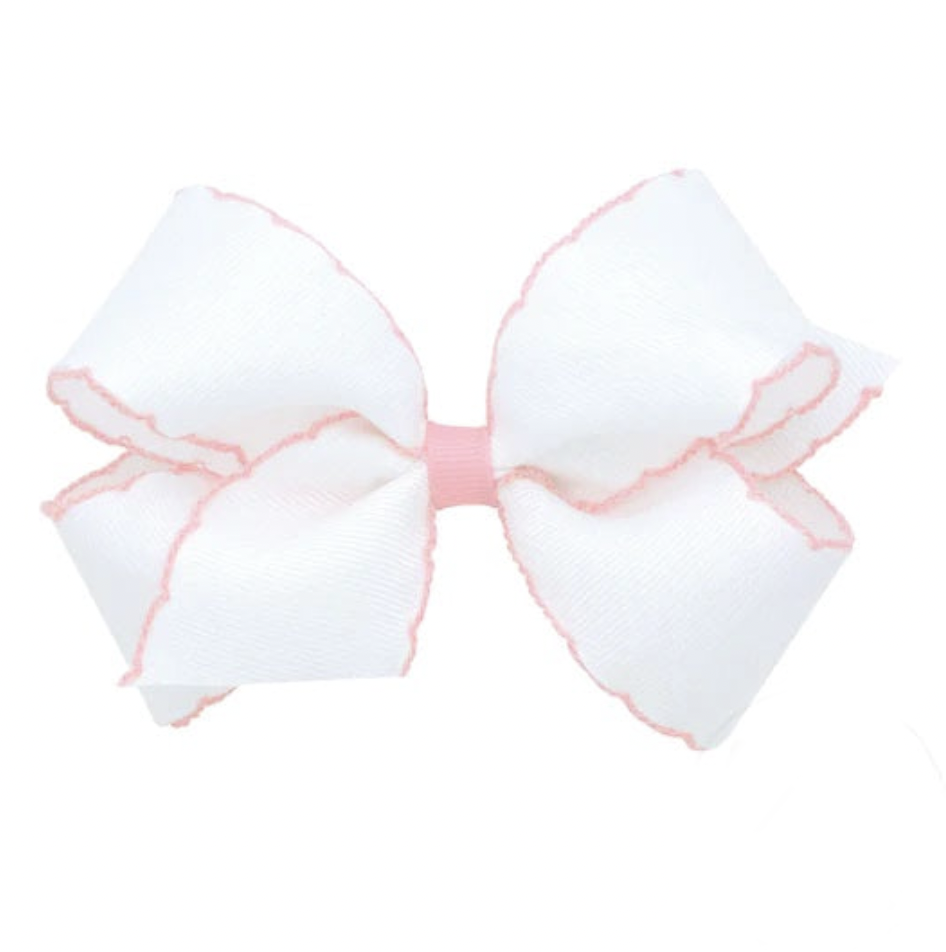 Mini Moonstitch Hair Bow, White with Light Pink