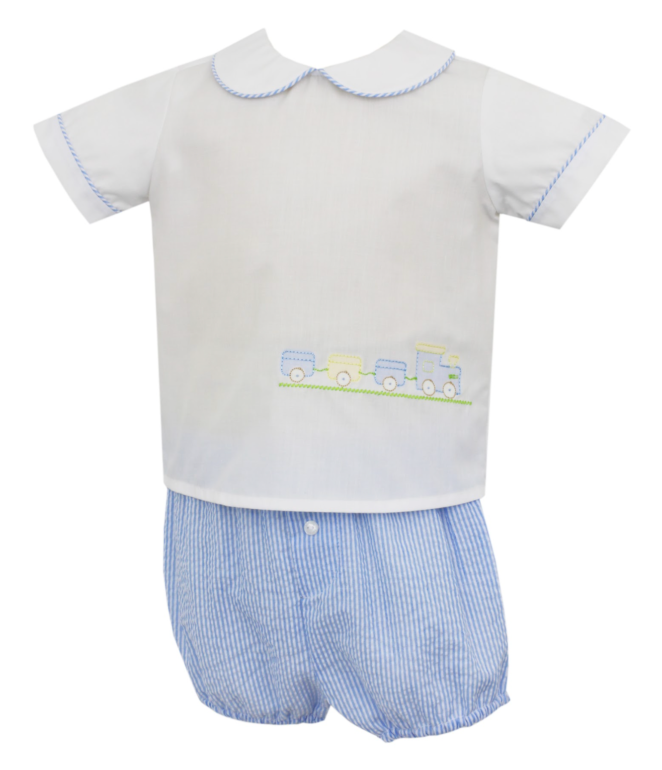 Boy's Two Piece Seersucker Diaper Set, Train Shadow Embroidery