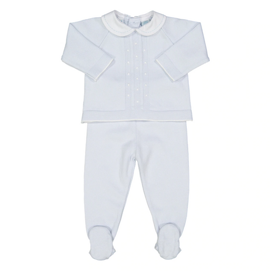 Pique Collar Dot Footed Knit Set, Blue