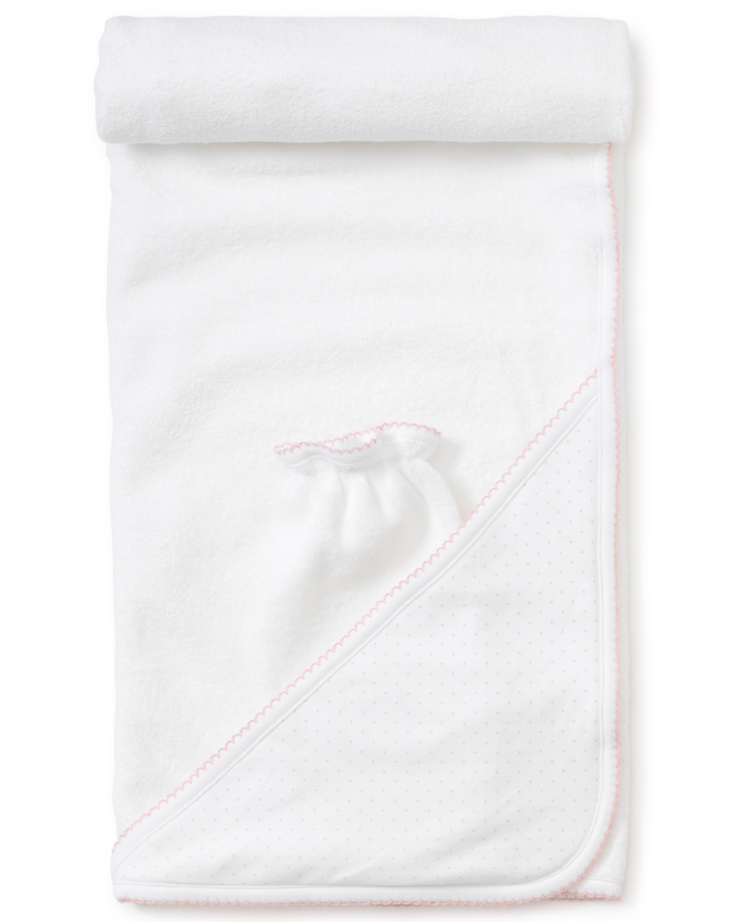 Towel with Mitt, White with Pink Polka Dots