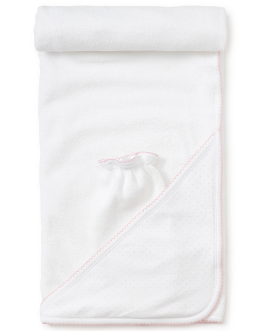 Towel with Mitt, White with Pink Polka Dots