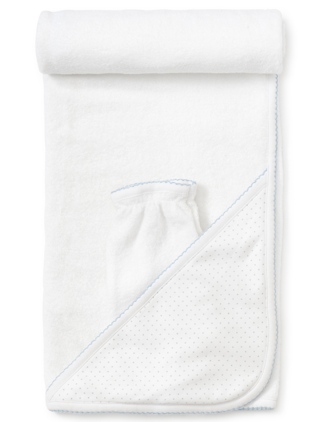 Towel with Mitt, White with Blue Polka Dots