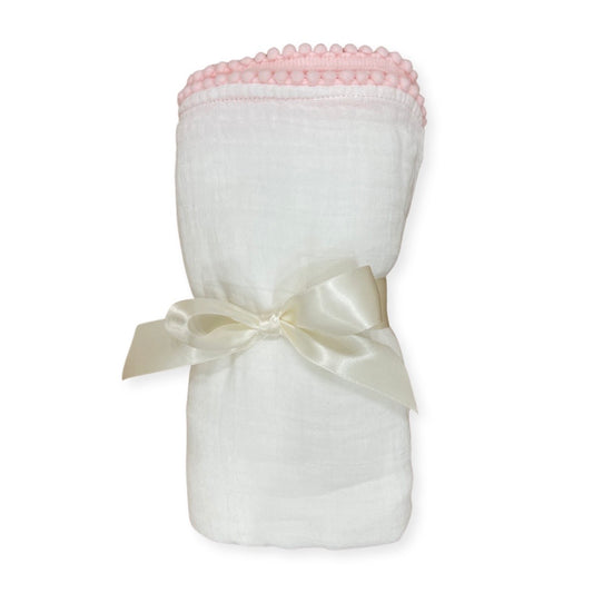 Muslin Swaddle, White with Pink