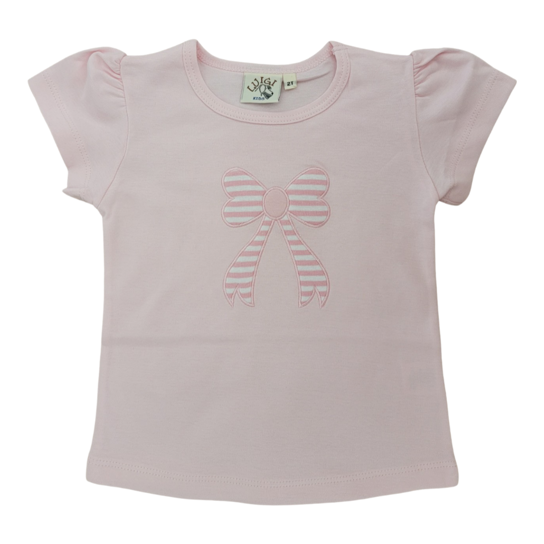 Girl Short Sleeve Applique Stripe Bow T-Shirt, Baby Pink – Baby