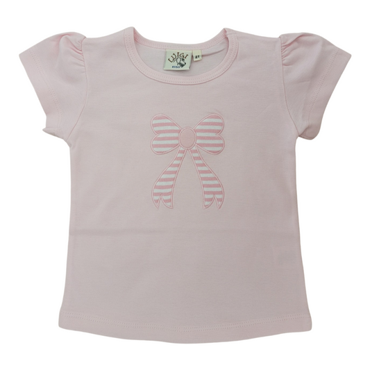 Girl Short Sleeve Applique Stripe Bow T-Shirt, Baby Pink