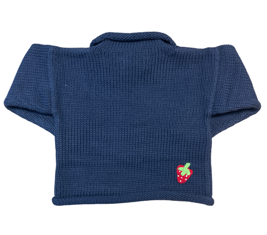 Rollneck Twilight Blue Sweater with Crochet Strawberries