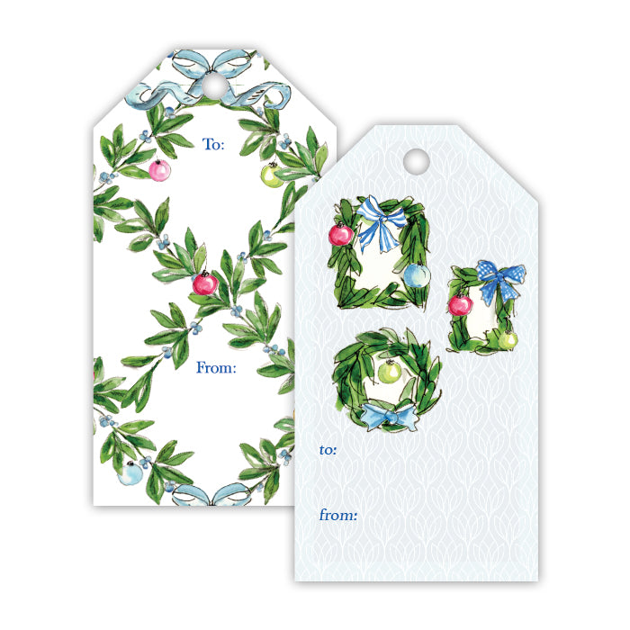 Gift Tags, Christmas Wreath Trio & Greenery w/ Blue Bows