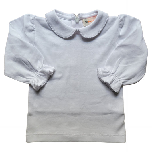 Girl Long Sleeve Collared Back Zip Shirt, White