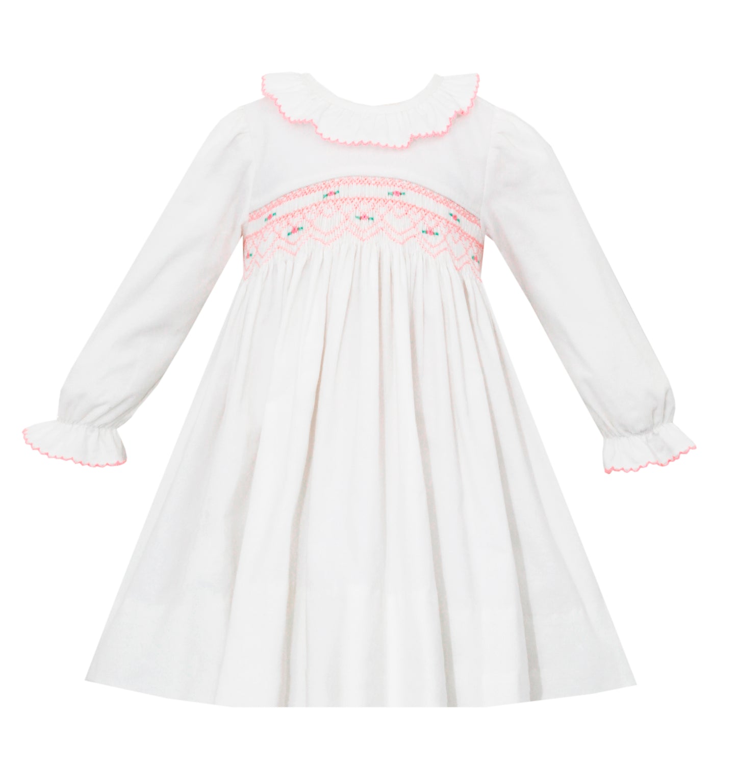 Girl Long Sleeve Rose Smocked White Cord Dress