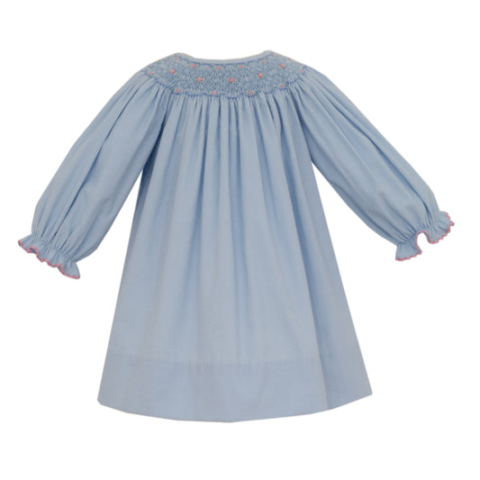 Girl's Bishop Smocked Blue Corduroy Long Sleeve Dress