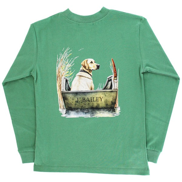 J. Bailey Long Sleeve Logo Tee - Dog in Boat on Green