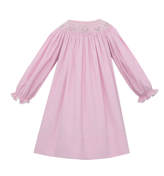 Girl Long Sleeve Bishop Smocked Pink Cord Dress