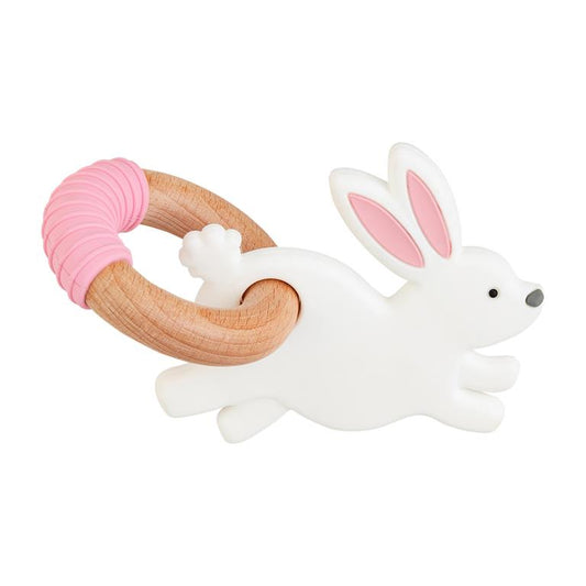 Pink Bunny Teether with Wooden Ring