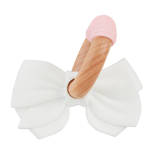 White Bow Teether with Wooden Ring