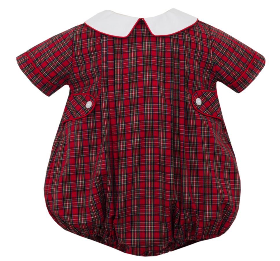 Boy's Red Plaid Button Tab Collared Bubble