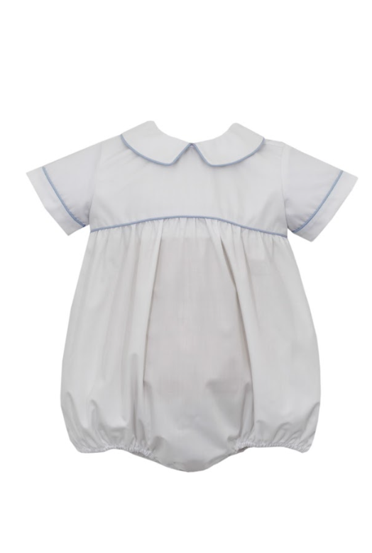 Boy's White Short Sleeve Collared Bubble, Lt. Blue Piping