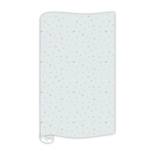 Wrapping Paper, Gold Stars on Soft Blue 8 Ft