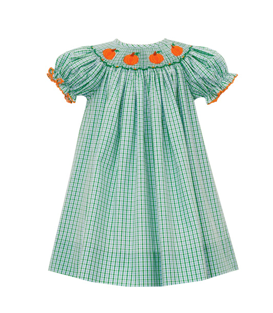 Girl Short Sleeve Pumpkin Smocked Bishop Green Dress