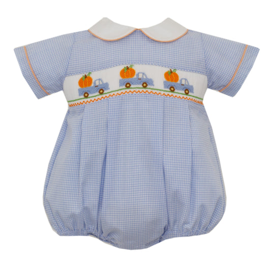 Boy's Pumpkin Truck Smocked Blue Gingham Bubble