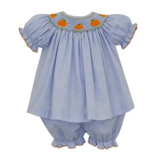 Girl's Pumpkin Bishop Smocked Blue Gingham Bloomer Set