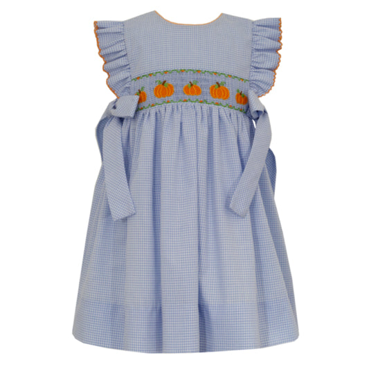 Girl's Pumpkin Smocked Blue Gingham Sleeveless Dress