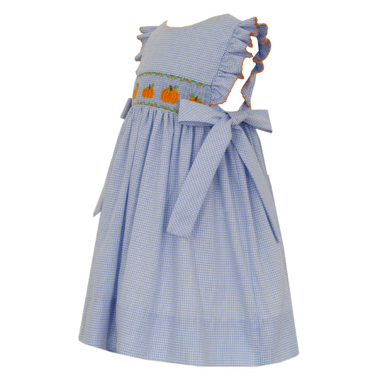 Girl's Pumpkin Smocked Blue Gingham Sleeveless Dress