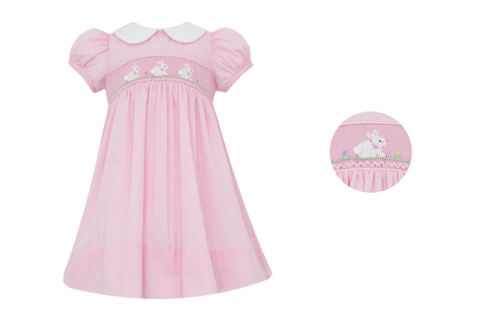 Bunnies Smocked Collared Pink Micro Check Dress