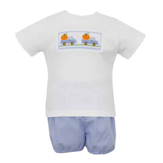 Boy's Pumpkin Truck Smocked Blue Gingham Short Set