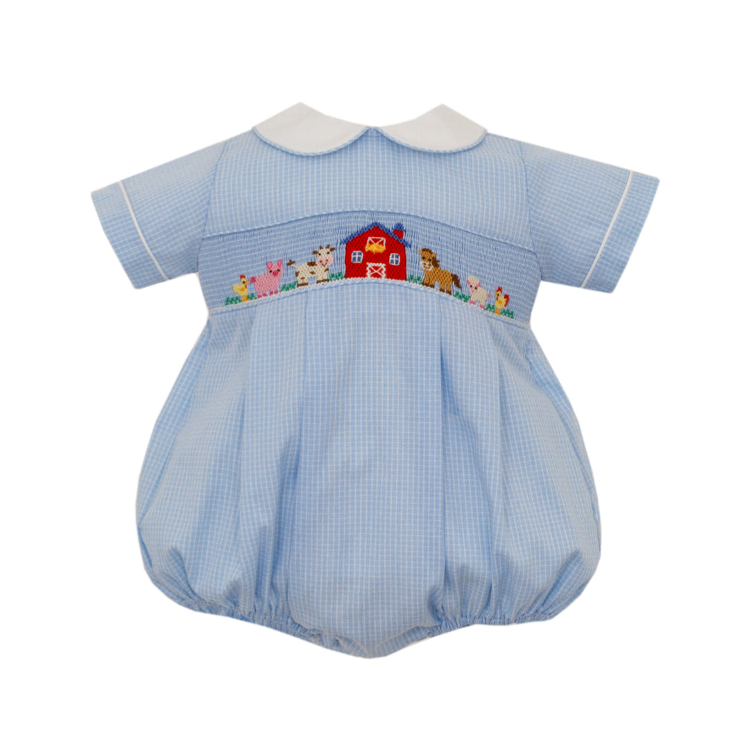 Boy's Farm Smocked Short Sleeve Blue Check Bubble