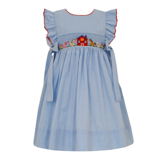 Girl's Farm Smocked Blue Check Side Bows Dress