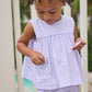 Little English traditional children's clothing. Lavender stripe seersucker diaper set with sea shell applique for baby girls for spring