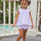 Little English traditional children's clothing. Lavender stripe seersucker diaper set with sea shell applique for baby girls for spring