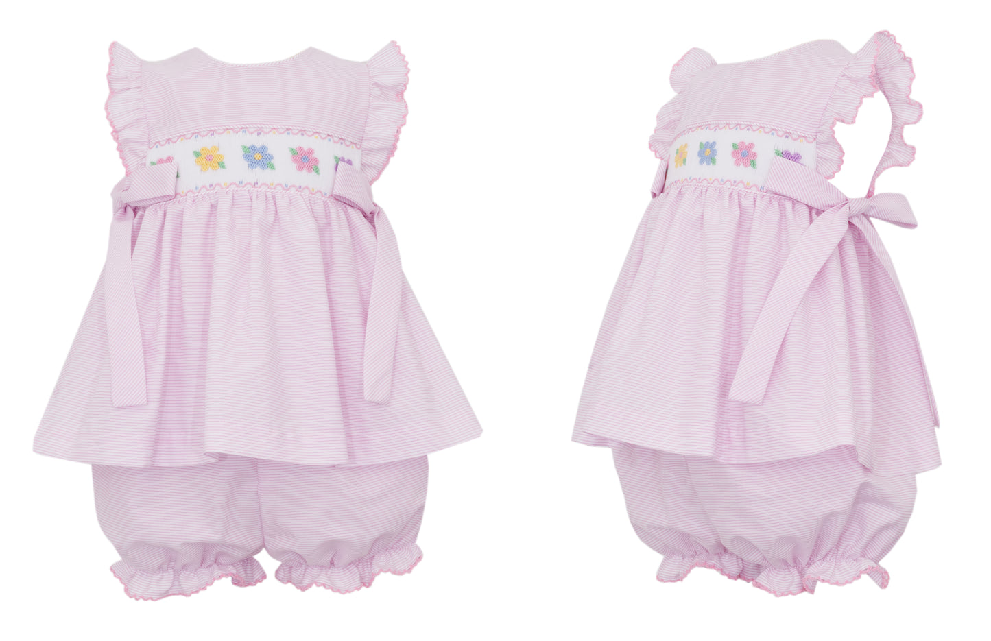 Flowers Smocked Pink Stripe Bloomer Set w/ Side Bows