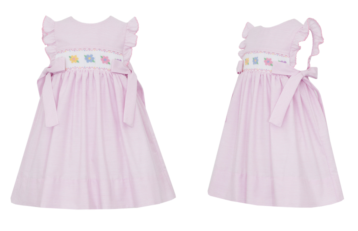 Flowers Smocked Pink Stripe Dress w/ Side Bows