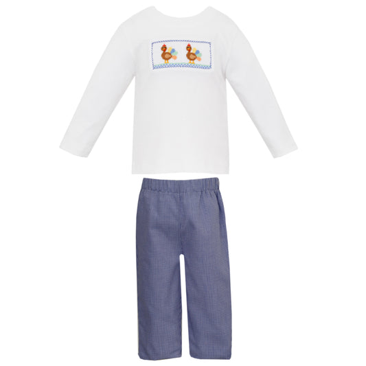 Boy's Turkey Smocked Navy Blue Check Pant Set