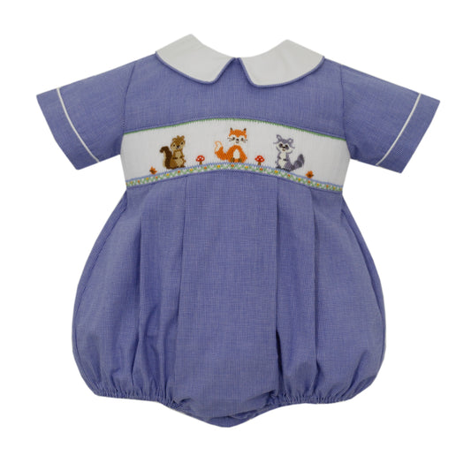 Boy's Woodland Friends Smocked Royal Blue Micro Check Bubble