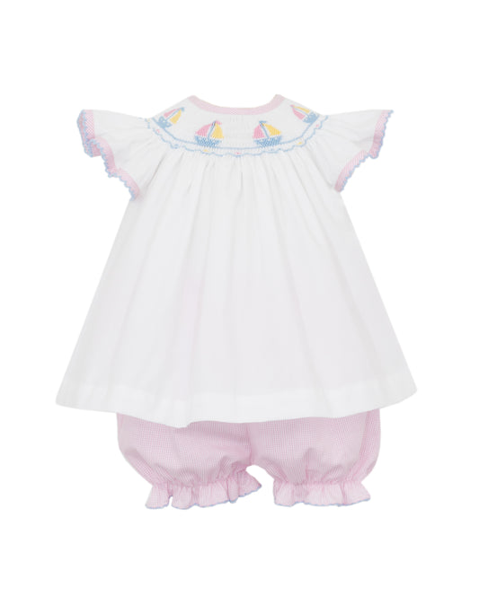 Sailboats Bishop Smocked Pink Check Bloomer Set