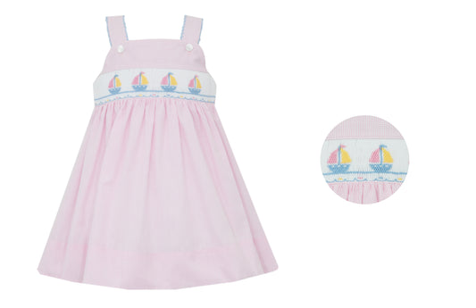 Sailboats Smocked Pink Check Sundress