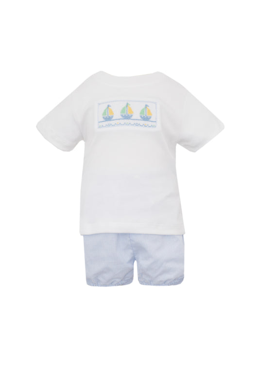 Sailboats Smocked Blue Check Shorts Set