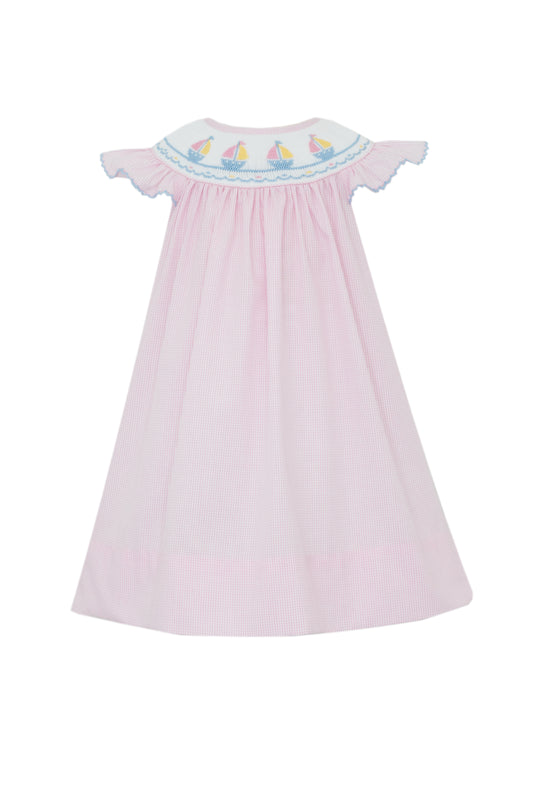 Sailboats Bishop Smocked Pink Check Dress