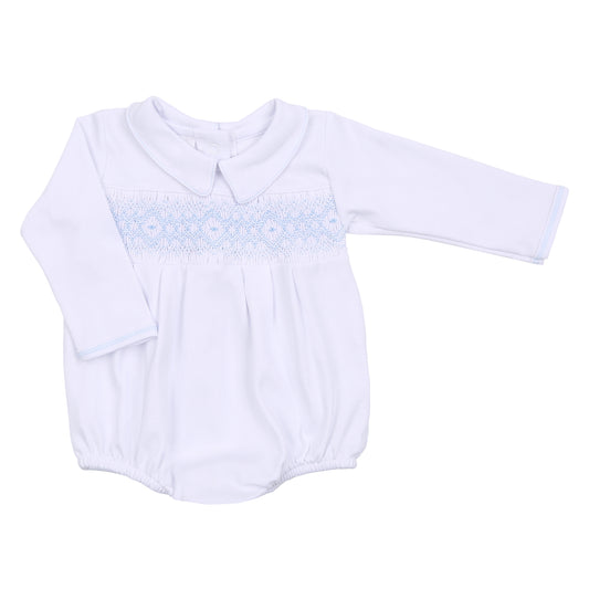 Ava & Archie White with Blue Smocked Collared Long Sleeve Bubble