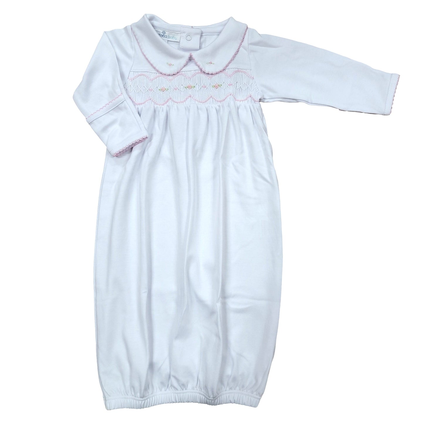 Ava & Archie White with Pink Smocked Collared Gathered Gown