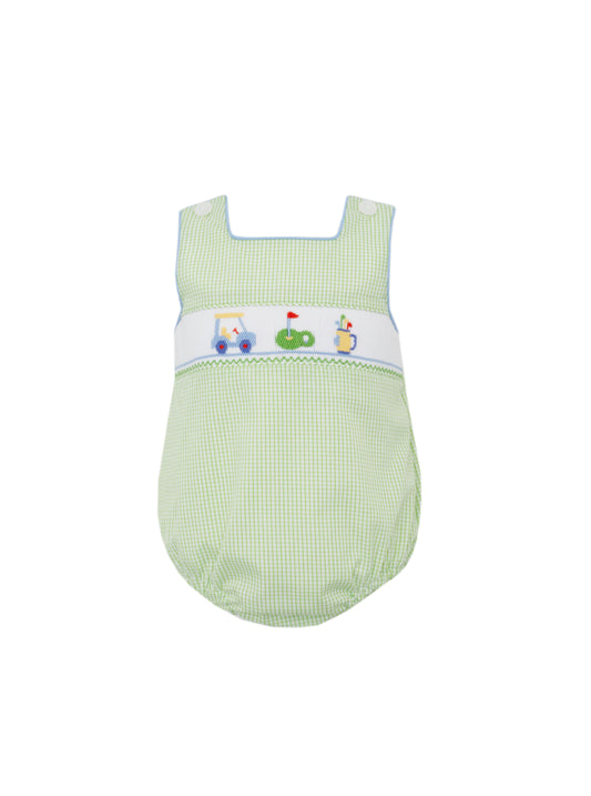 Boy's Golf Smocked Green Check Sun Bubble