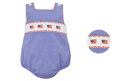 Boy's Flags Smocked Royal Blue Micro Check Sun Bubble