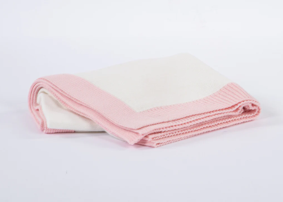 Jersey Knit Blanket with Contrast Rib Border, White with Pink