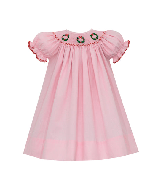 Girl Short Sleeve Wreaths Smocked Bishop Pink Dress