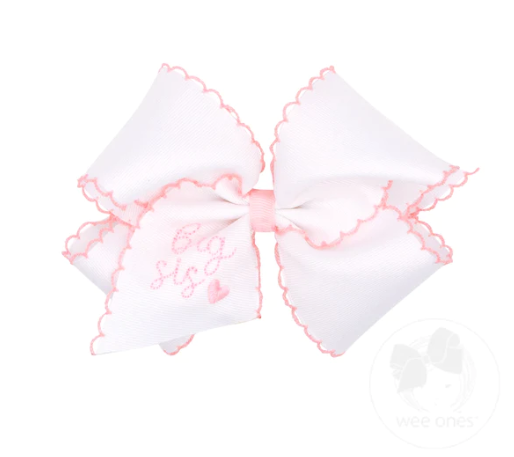 Small Big Sis Pink Embroidered White Hair Bow