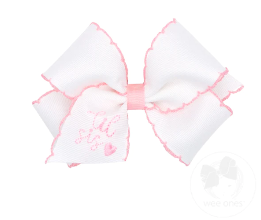 Small Lil Sis Pink Embroidered White Hair Bow