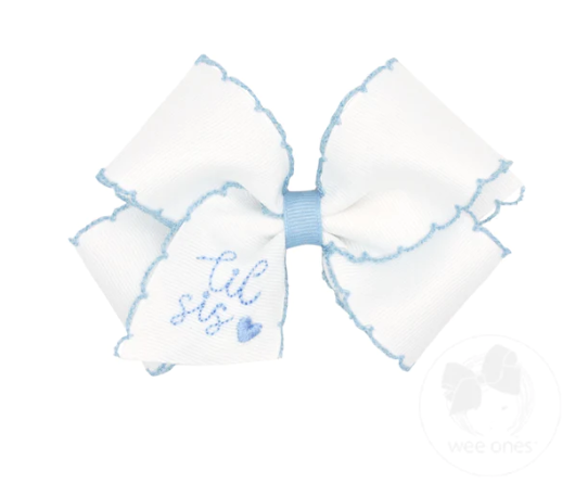 Small Lil Sis Blue Embroidered White Hair Bow